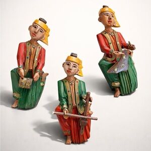 VINTAGE SOUTHEAST ASIAN HAND-CARVED WOODEN MUSICIAN WALL HANGING FIGURINES
